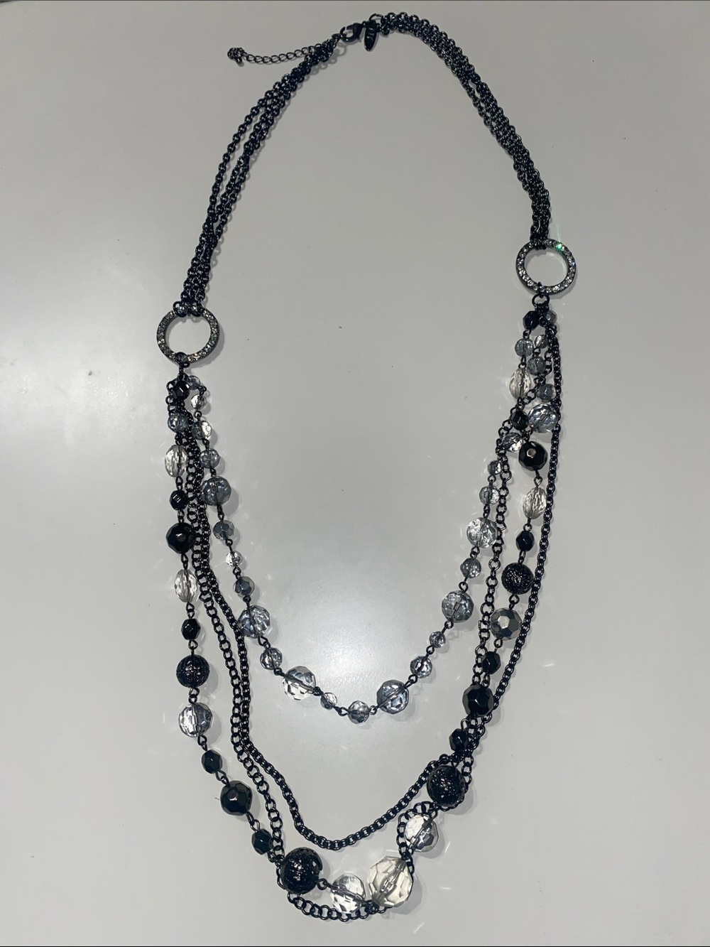 Long Multi-Strand Gunmetal and Clear Bead Necklace